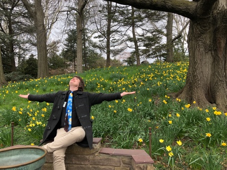 Greg in the garden with the daffodils